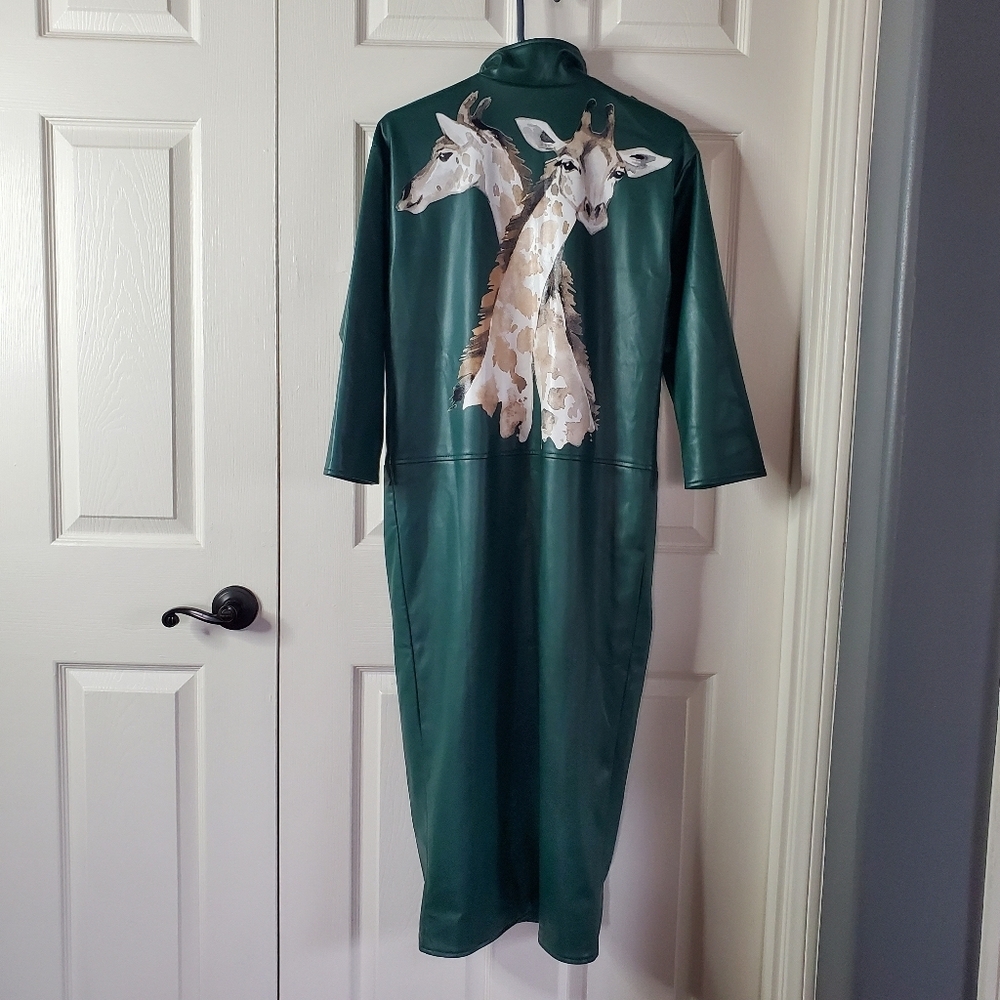 Sassy Jones Samba Giraffee Collar Midi Dress Faux Leather Button-up Green XS